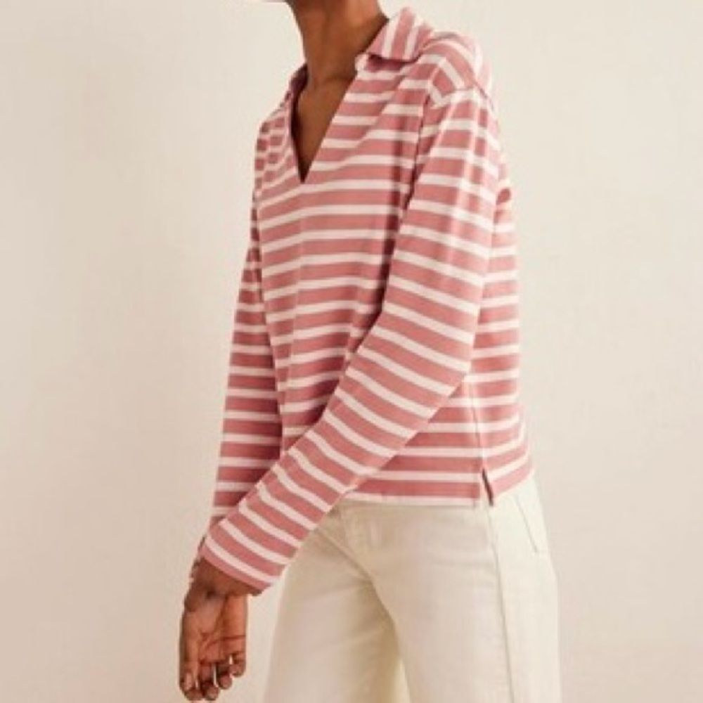 Boden Notch Collar Long Sleeve Pink & White Stripe Pullover Top Shirt. NWOT. XS.